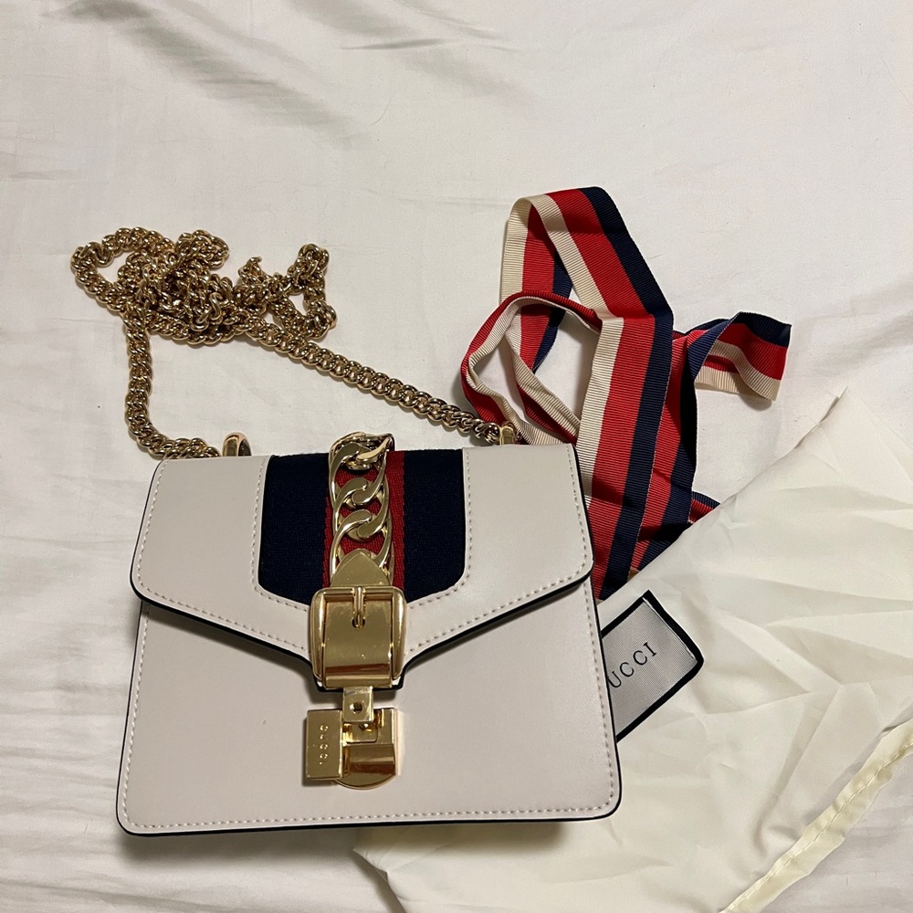 gucci Calfskin Super Mini Sylvie Chain Shoulder Bag White